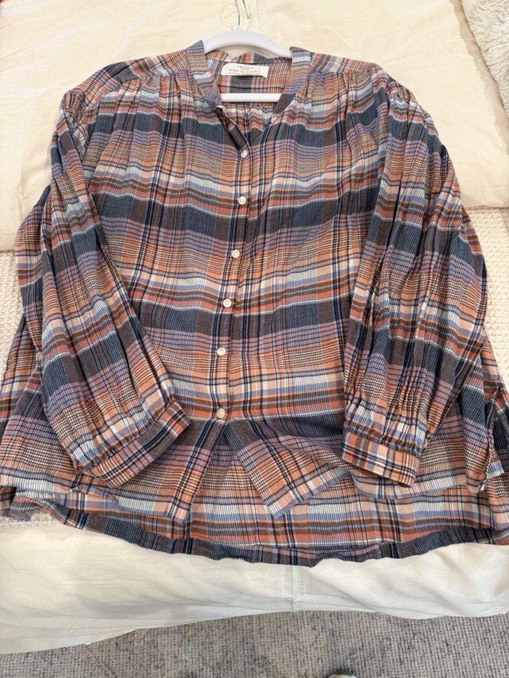 Plaid Button-Down Blouse in Blue and Brown